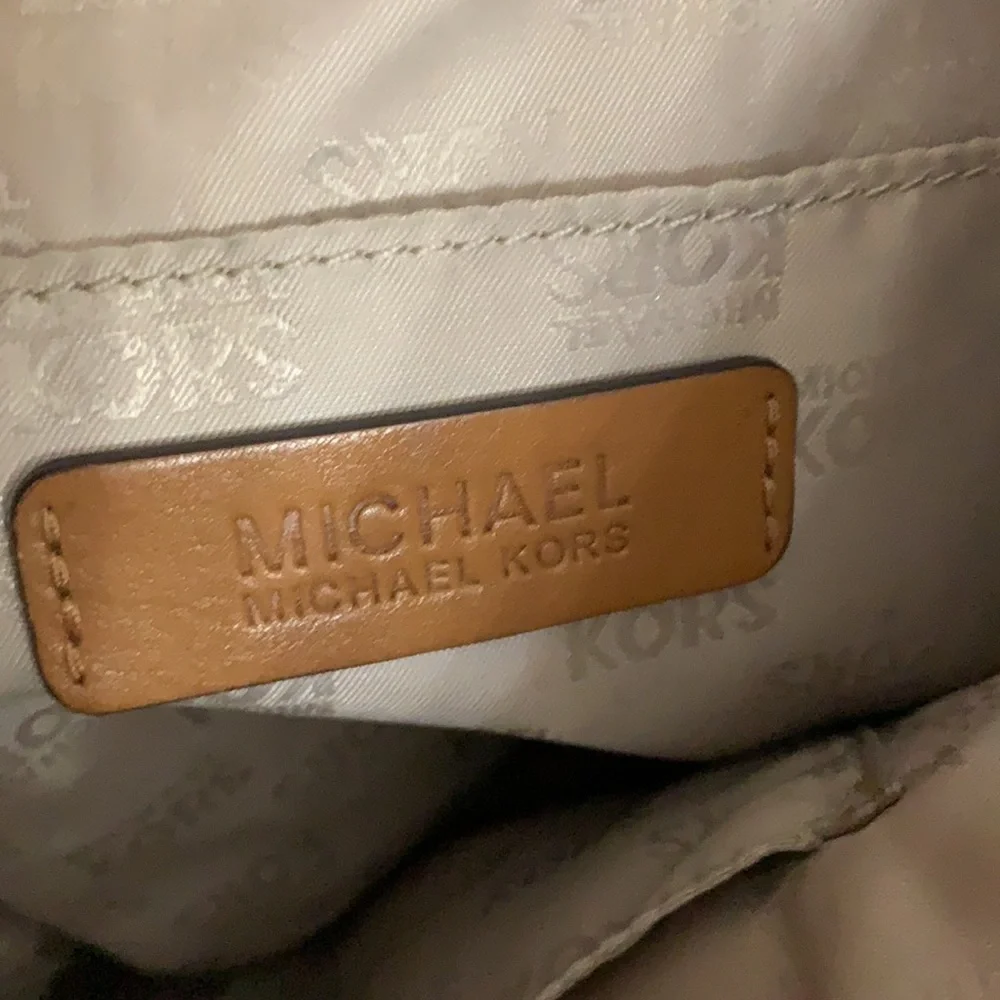 Michael Kors MK monogrammed print tan large shoulder bag with tan leather straps